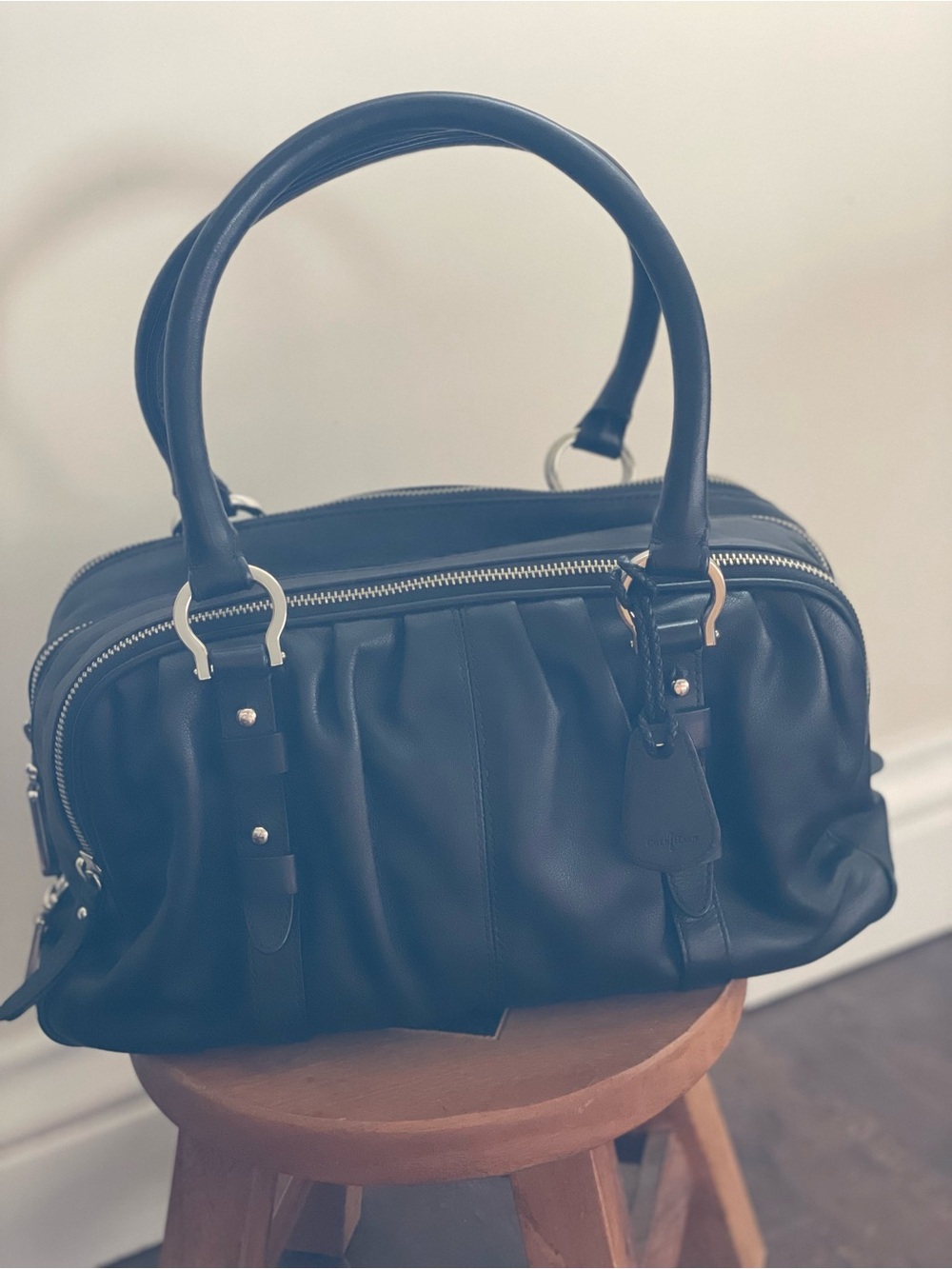 Structured Black Leather Double-Handle Satchel